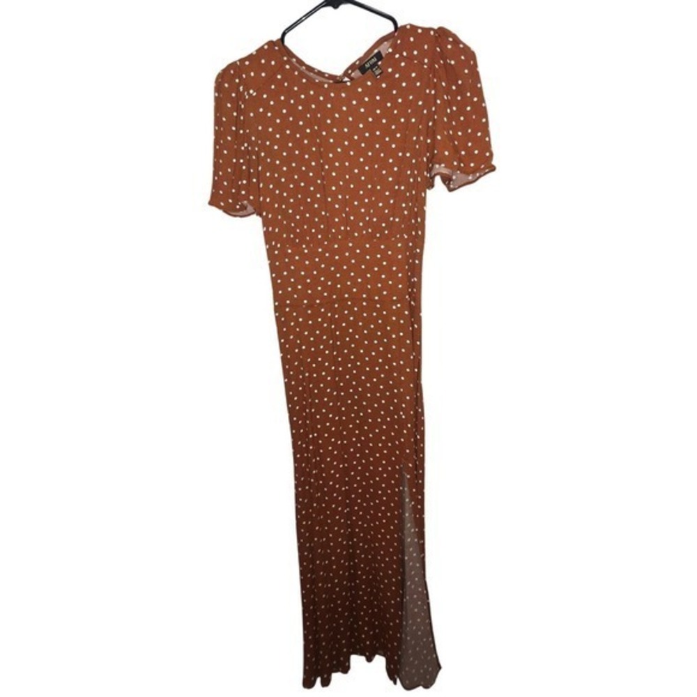 AFRM Polka Dot Midi Dress Rust Brown Short Sleeve Cutout Back Slit XS